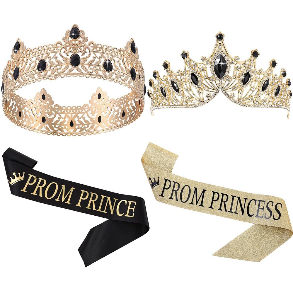 4060 Prom Prince Princess Crown Set with Sashes 80s Prom Party Favors